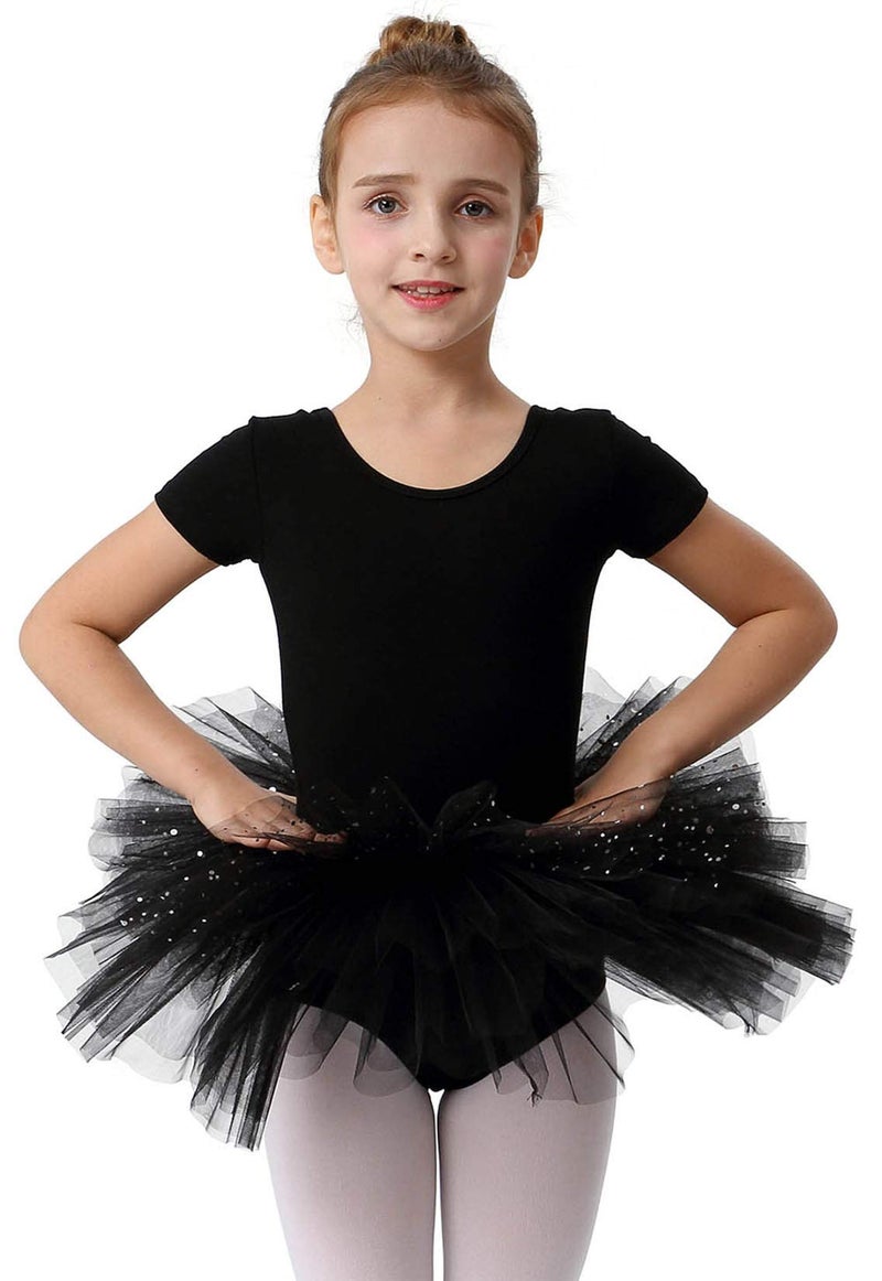 MdnMd Girls Toddler Short Sleeve Glitter Dance Ballet Tutu Ballerina Dress Outfit Leotard (Black, Age 4-6 / 4t,5t) - Image 1